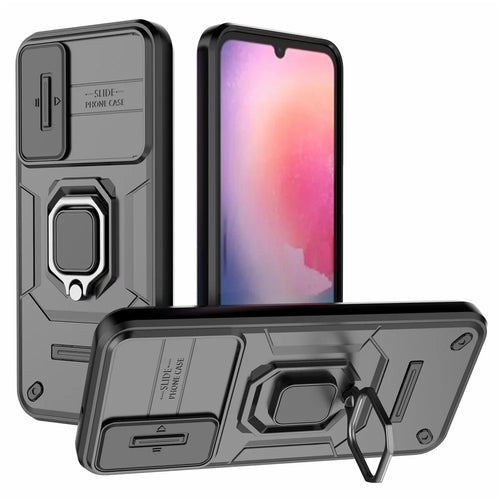 Back Shell for Samsung Galaxy A24 4G (162.1 x 77.6 x 8.3mm) PC+TPU Fall-proof Phone Case Slide Lens Protection Kickstand Cover - Black - 1