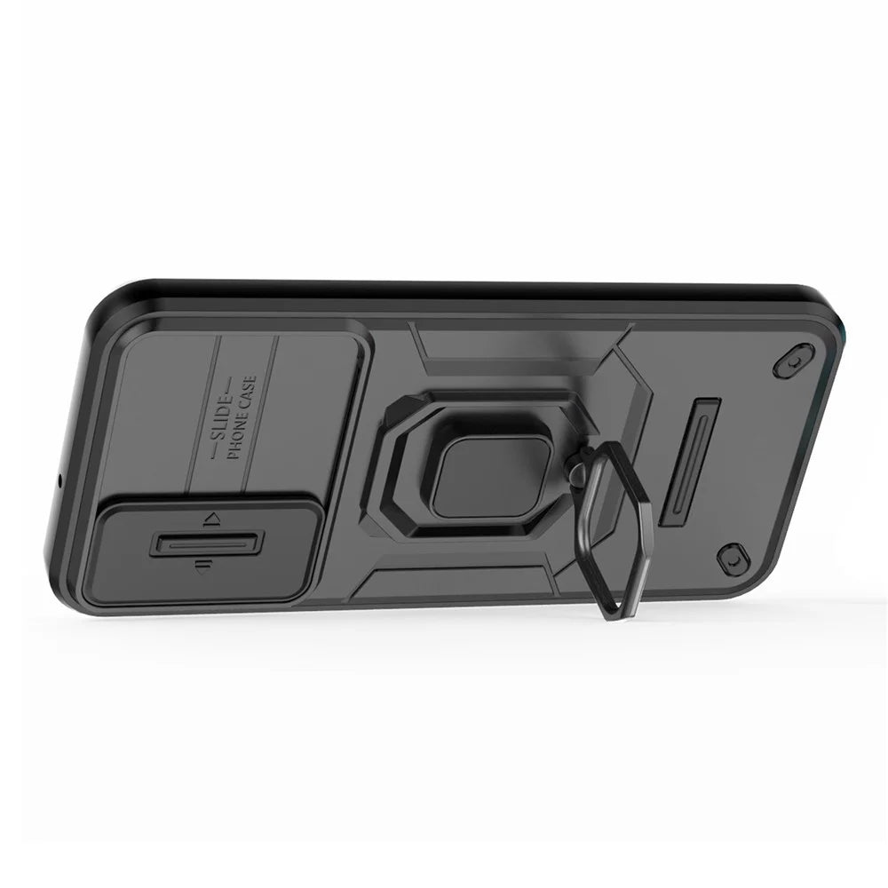 Back Shell for Samsung Galaxy A24 4G (162.1 x 77.6 x 8.3mm) PC+TPU Fall-proof Phone Case Slide Lens Protection Kickstand Cover - Black - 3