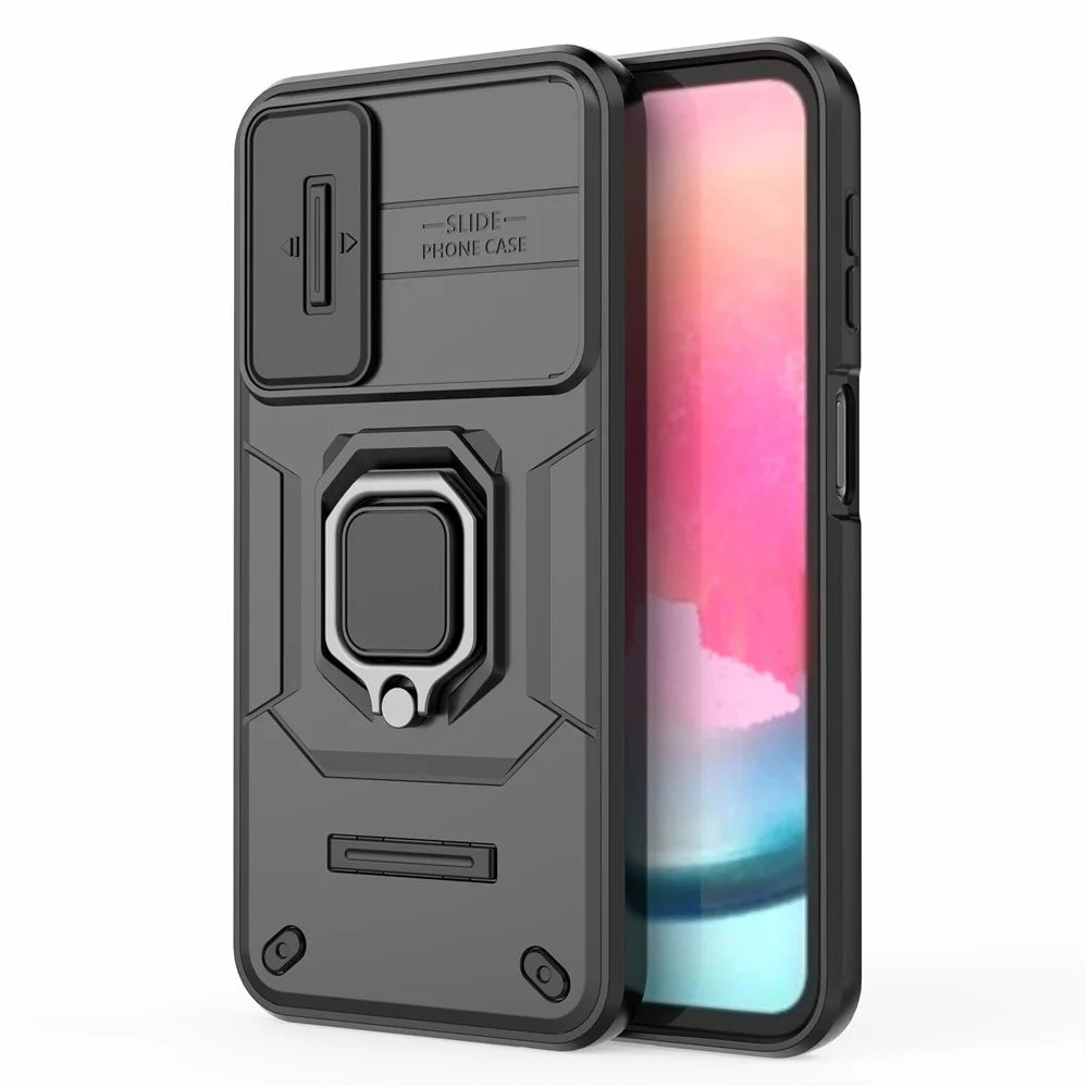 Back Shell for Samsung Galaxy A24 4G (162.1 x 77.6 x 8.3mm) PC+TPU Fall-proof Phone Case Slide Lens Protection Kickstand Cover - Black - 6
