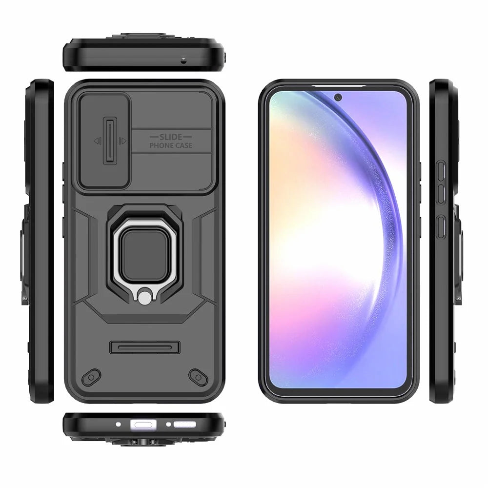 Back Shell for Samsung Galaxy A54 5G PC+TPU Phone Case Slide Lens Protection Cover with Kickstand - Black - 7