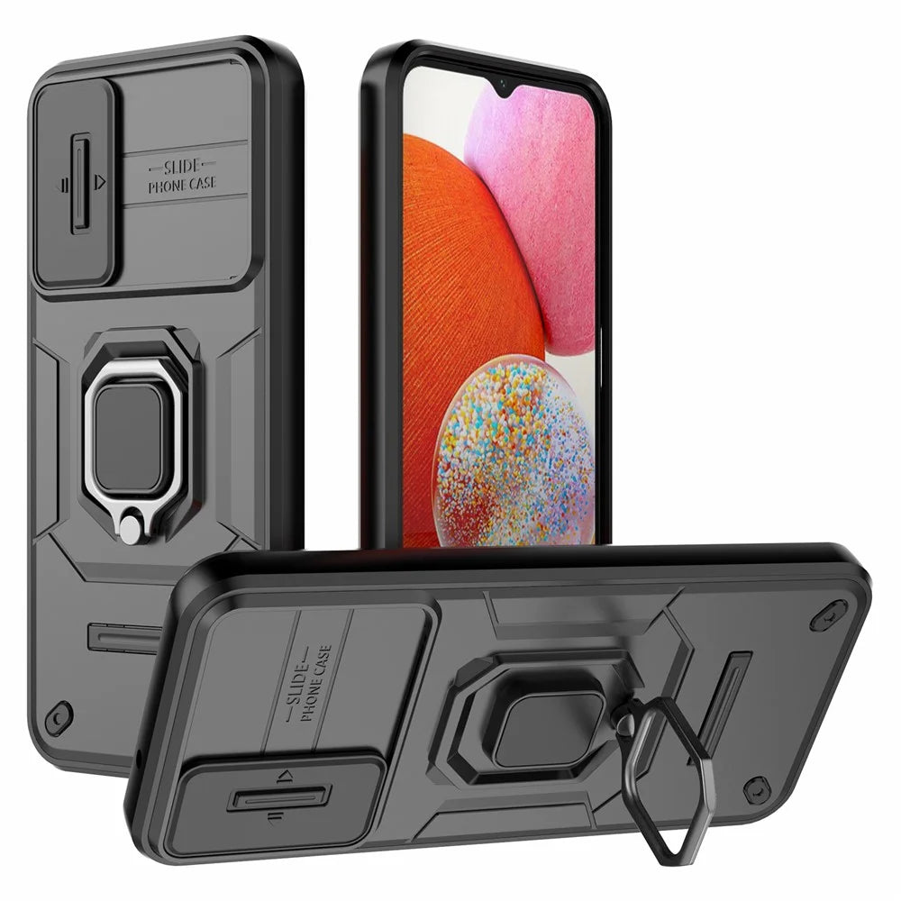 Back Shell for Samsung Galaxy A14 5G / A14 4G PC+TPU Phone Case Slide Lens Protection Kickstand Cover - Black - 1
