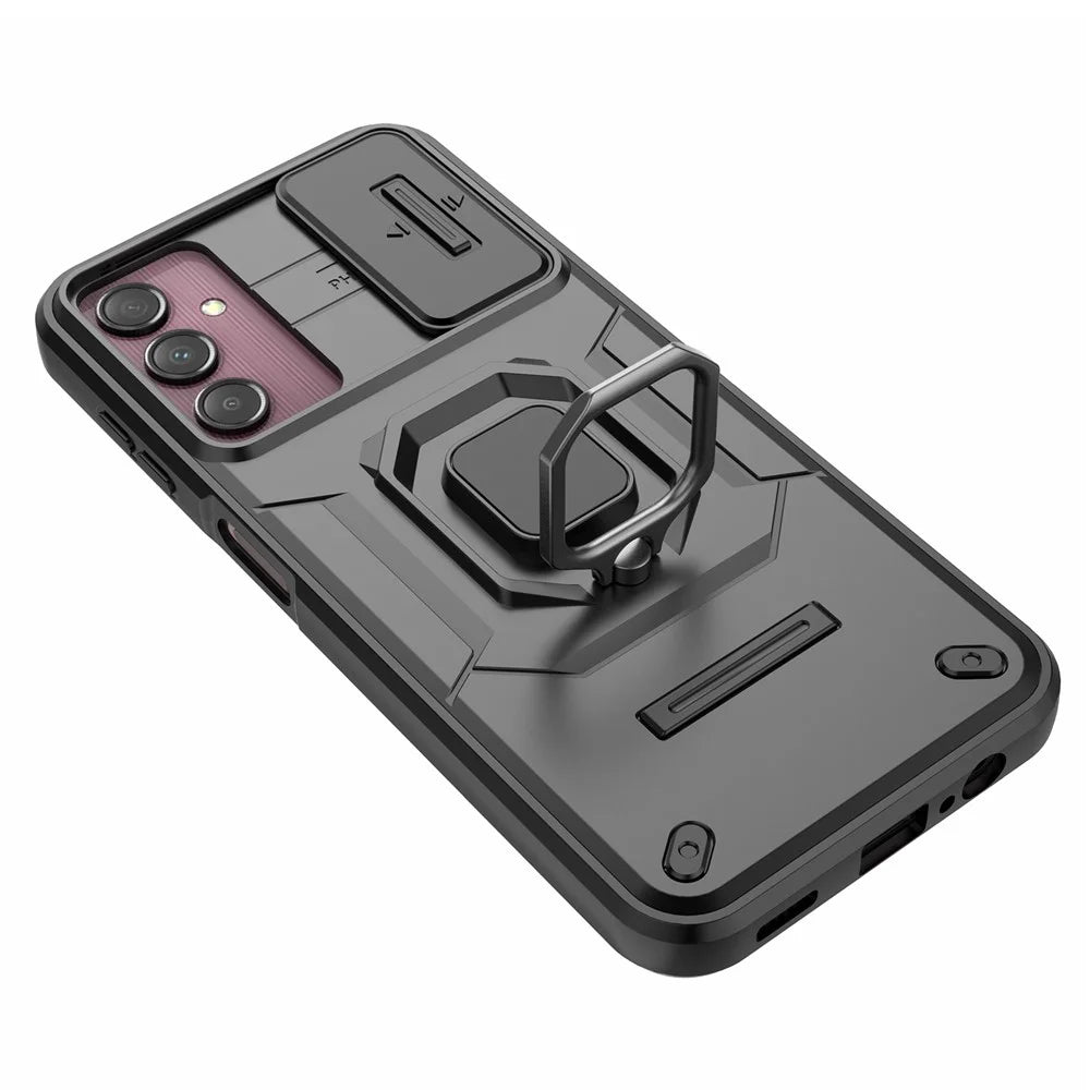 Back Shell for Samsung Galaxy A14 5G / A14 4G PC+TPU Phone Case Slide Lens Protection Kickstand Cover - Black - 5