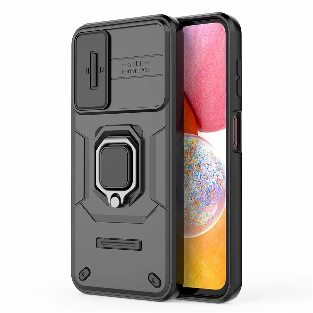Back Shell for Samsung Galaxy A14 5G / A14 4G PC+TPU Phone Case Slide Lens Protection Kickstand Cover - Black - 6