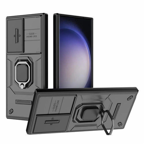For Samsung Galaxy S23 Ultra PC+TPU Shockproof Phone Case Slide Lens Protection Kickstand Cover - Black - 1