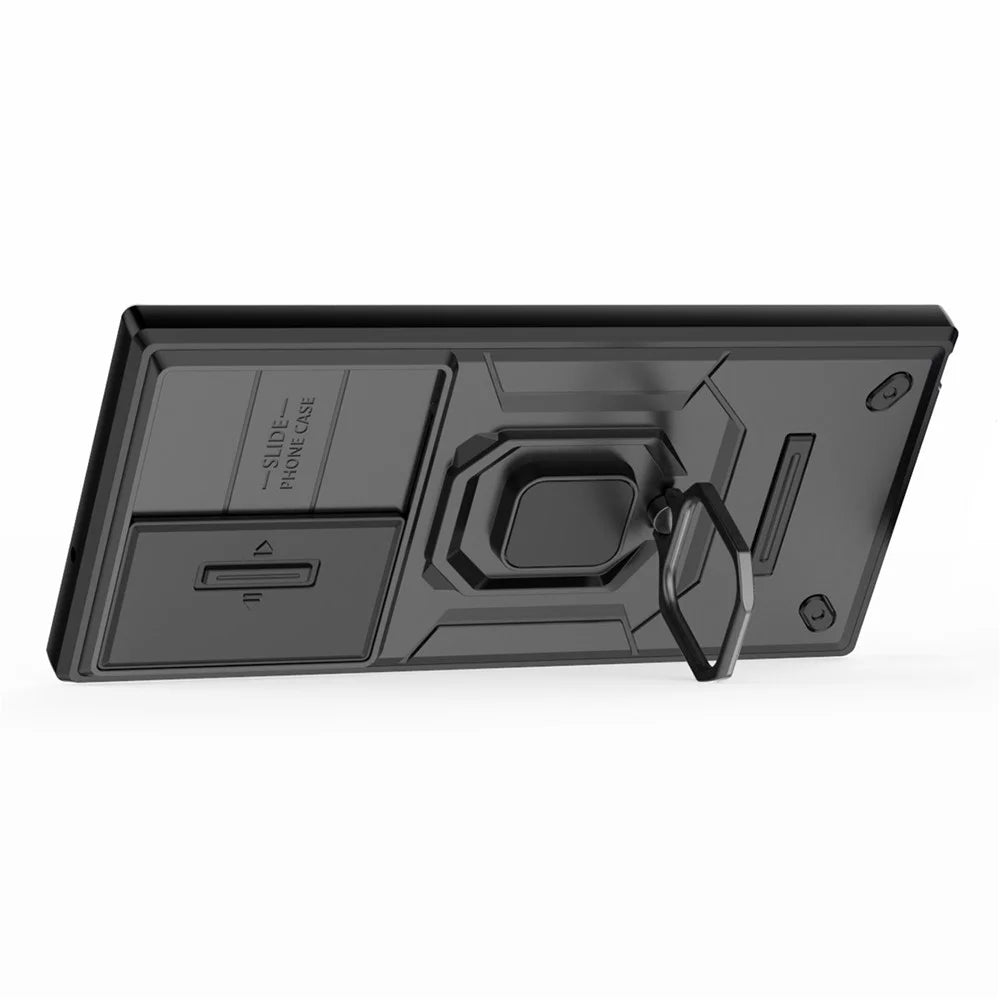 For Samsung Galaxy S23 Ultra PC+TPU Shockproof Phone Case Slide Lens Protection Kickstand Cover - Black - 3