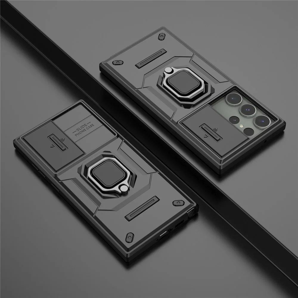 For Samsung Galaxy S23 Ultra PC+TPU Shockproof Phone Case Slide Lens Protection Kickstand Cover - Black - 7