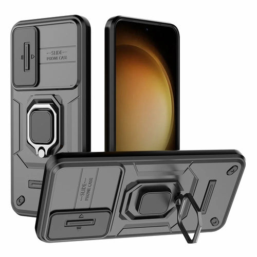 For Samsung Galaxy S23+ Slide Lens Protection PC+TPU Phone Case Protective Cover with Kickstand - Black - 1