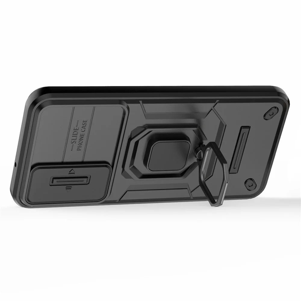 For Samsung Galaxy S23+ Slide Lens Protection PC+TPU Phone Case Protective Cover with Kickstand - Black - 3