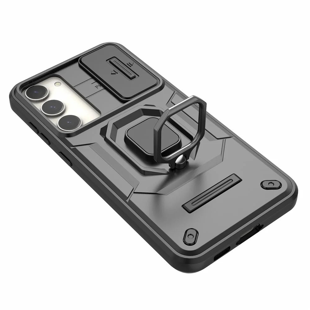 For Samsung Galaxy S23+ Slide Lens Protection PC+TPU Phone Case Protective Cover with Kickstand - Black - 5