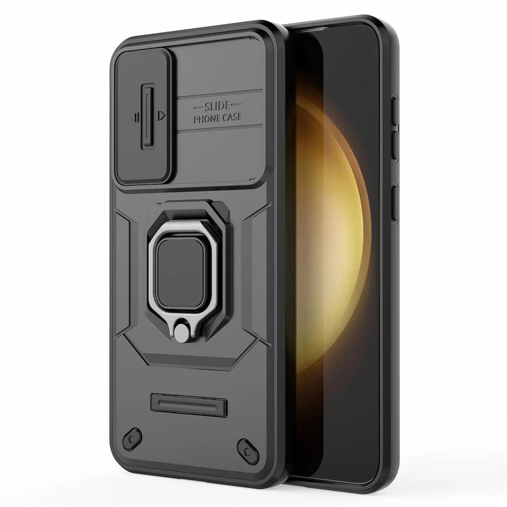 For Samsung Galaxy S23+ Slide Lens Protection PC+TPU Phone Case Protective Cover with Kickstand - Black - 6