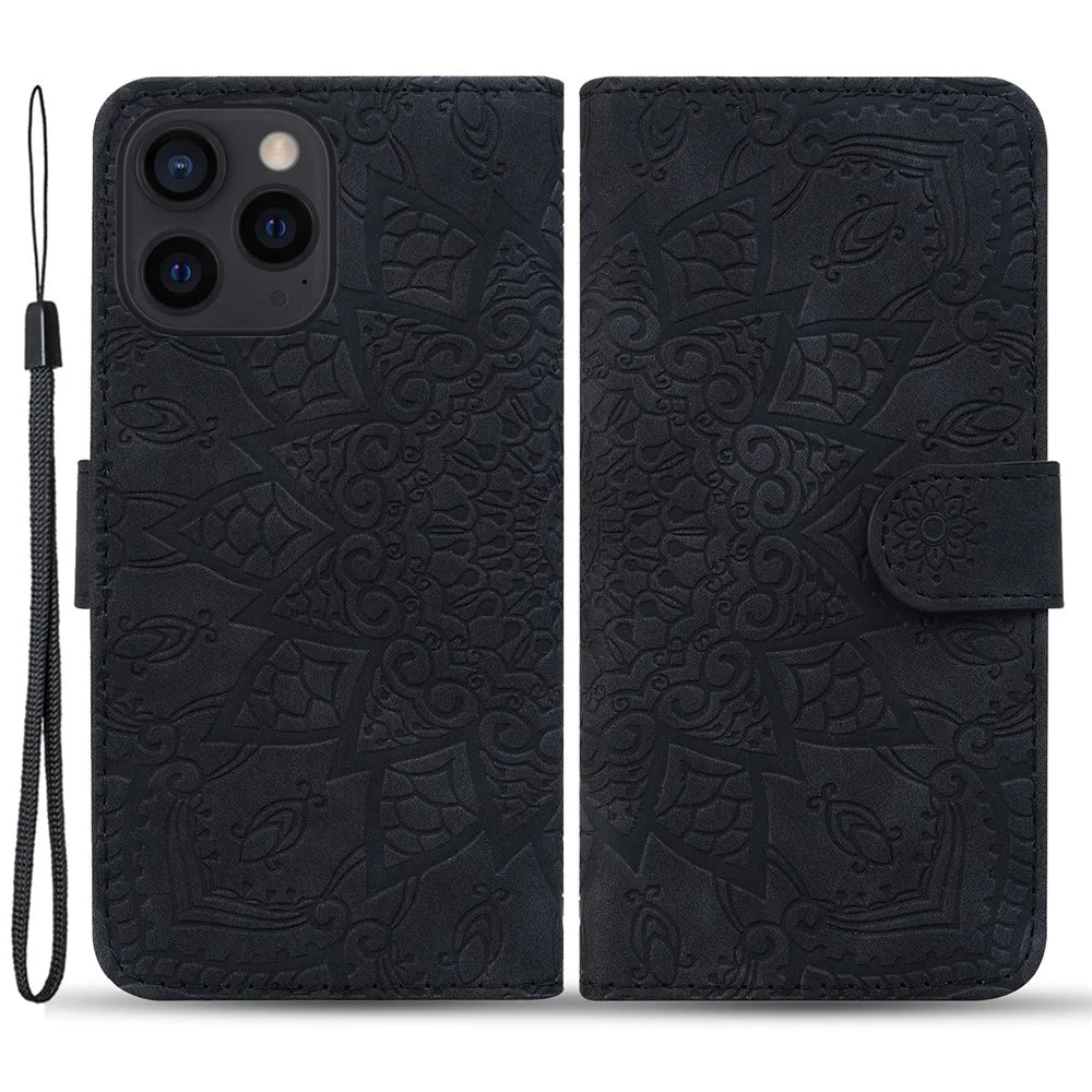 For iPhone 15 Pro Max Dustproof Flower Imprint Phone Cover Calf Texture Stand Wallet Leather Case - Black - 1