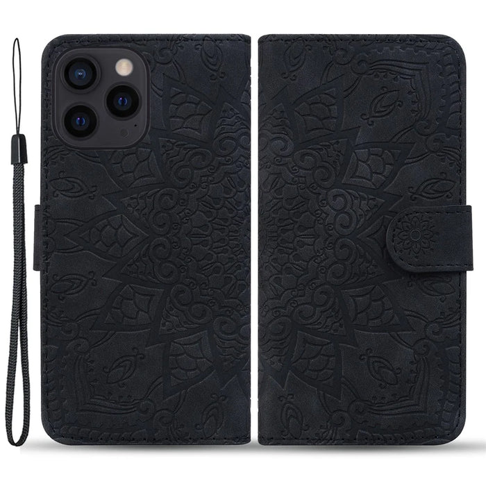 For iPhone 15 Pro Max Dustproof Flower Imprint Phone Cover Calf Texture Stand Wallet Leather Case - Black - 1