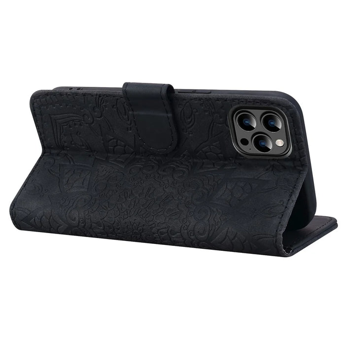 For iPhone 15 Pro Max Dustproof Flower Imprint Phone Cover Calf Texture Stand Wallet Leather Case - Black - 4