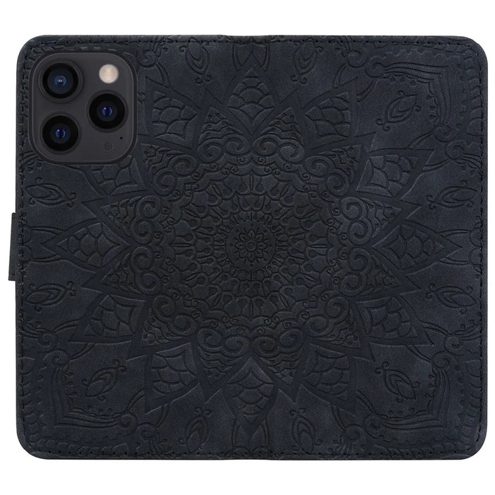For iPhone 15 Pro Max Dustproof Flower Imprint Phone Cover Calf Texture Stand Wallet Leather Case - Black - 5