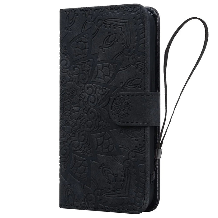 For iPhone 15 Pro Max Dustproof Flower Imprint Phone Cover Calf Texture Stand Wallet Leather Case - Black - 6