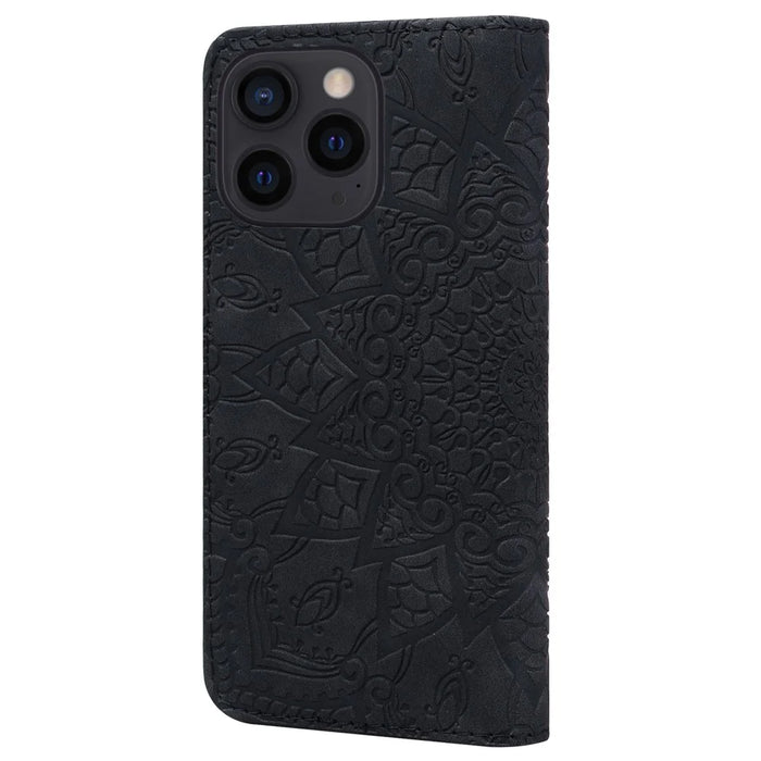 For iPhone 15 Pro Max Dustproof Flower Imprint Phone Cover Calf Texture Stand Wallet Leather Case - Black - 7