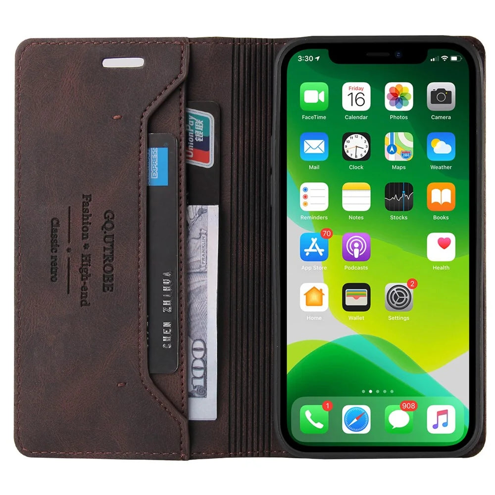 GQ.UTROBE 008 Series For iPhone 15 Phone Case RFID Blocking PU Leather Stand Wallet Skin-touch Feeling Cover - Coffee - 3