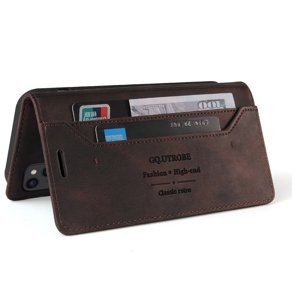 GQ.UTROBE 008 Series For iPhone 15 Phone Case RFID Blocking PU Leather Stand Wallet Skin-touch Feeling Cover - Coffee - 4