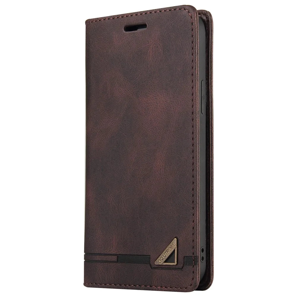GQ.UTROBE 008 Series For iPhone 15 Phone Case RFID Blocking PU Leather Stand Wallet Skin-touch Feeling Cover - Coffee - 6