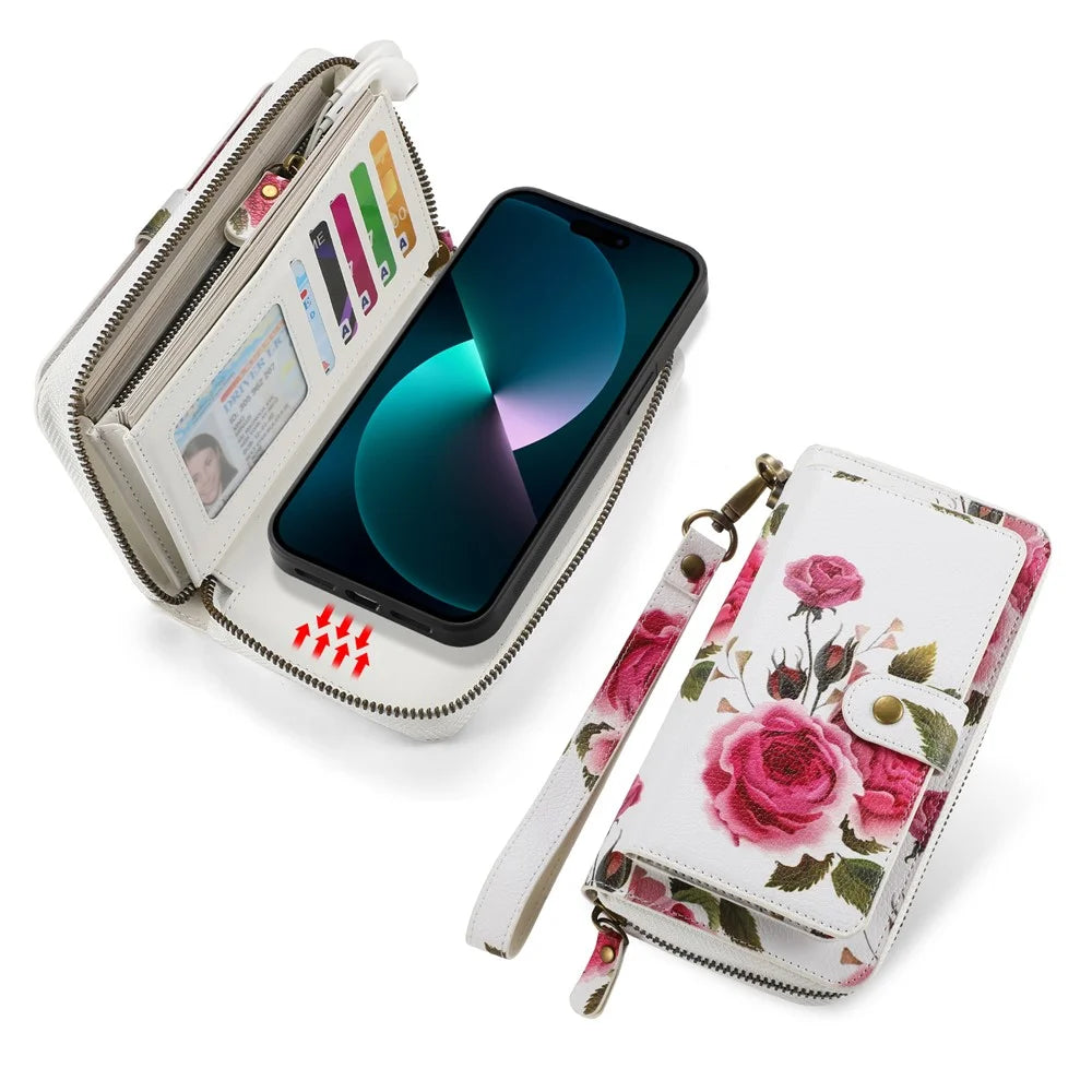 POLA Style 003 Shockproof Case for iPhone 15 Pro Max TPU+PU Flower Printed Detachable 2-in-1 Wallet Phone Cover with Strap - Pink - 2