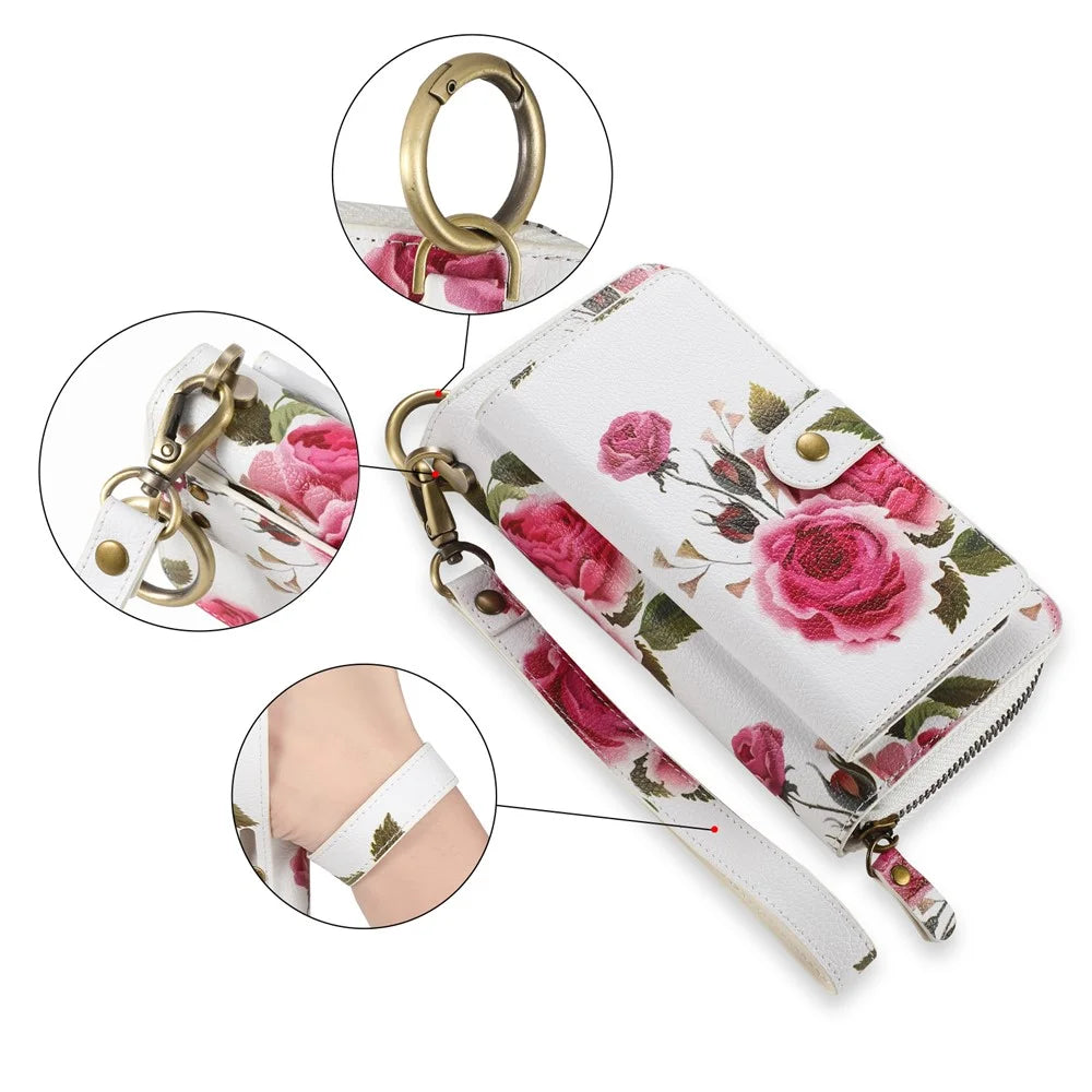 POLA Style 003 Shockproof Case for iPhone 15 Pro Max TPU+PU Flower Printed Detachable 2-in-1 Wallet Phone Cover with Strap - Pink - 3