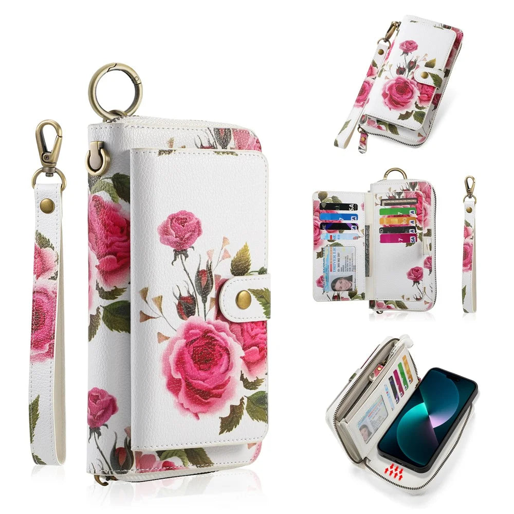 POLA Style 003 Detachable 2-in-1 Phone Case for iPhone 15 TPU+PU Shockproof Case with Wallet, Strap - Pink - 1