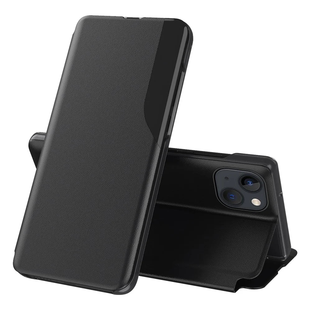 For iPhone 15 Phone Case Folio Flip PU Leather Stand Cover - Black - 1
