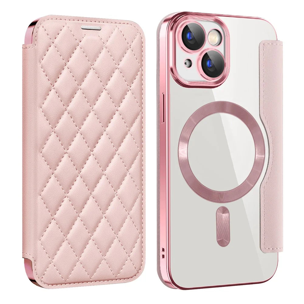 For iPhone 15 Built-in Lens Film Leather Phone Case RFID Blocking Card Holder Cover Compatible with MagSafe - Pink - 1