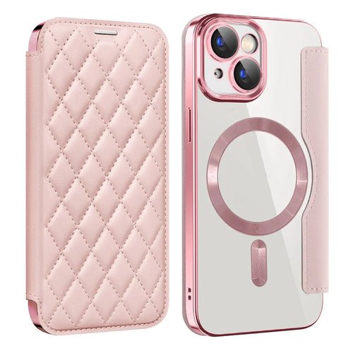 For iPhone 15 Plus Built-in Lens Film Phone Case RFID Blocking Card Slots Leather Cover Compatible with MagSafe - Pink - 1