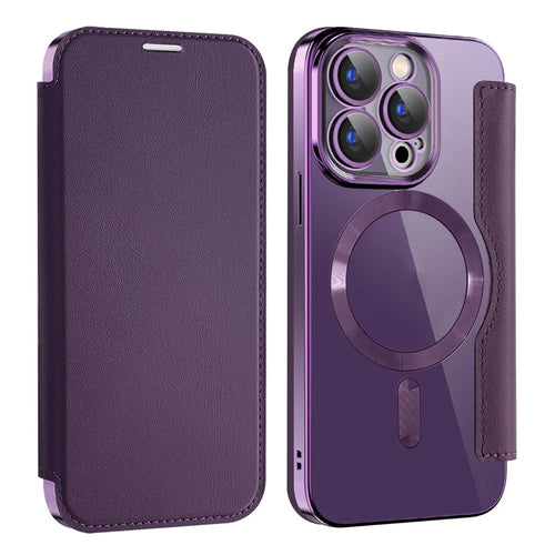 For iPhone 15 Pro RFID Blocking Card Holder Phone Cover Electroplating Leather Case Compatible with MagSafe - Purple - 1