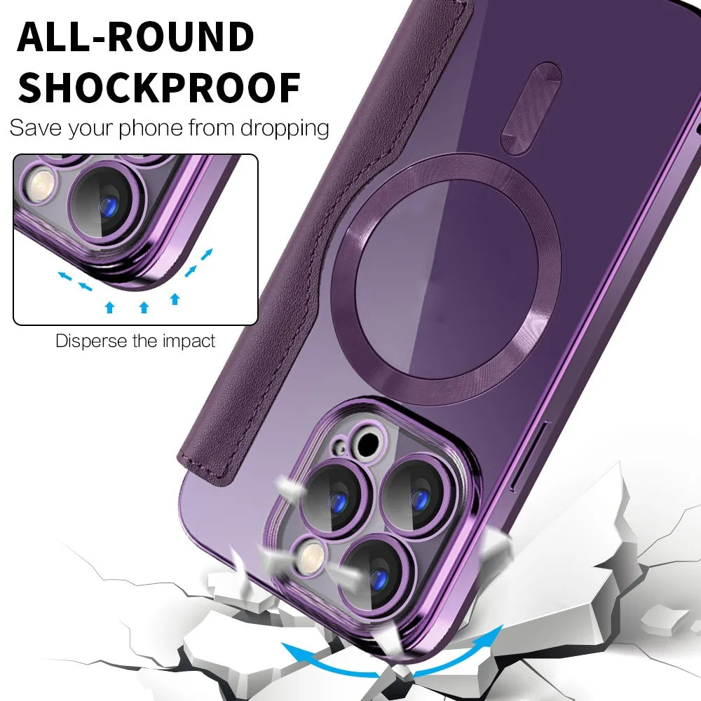 For iPhone 15 Pro RFID Blocking Card Holder Phone Cover Electroplating Leather Case Compatible with MagSafe - Purple - 7
