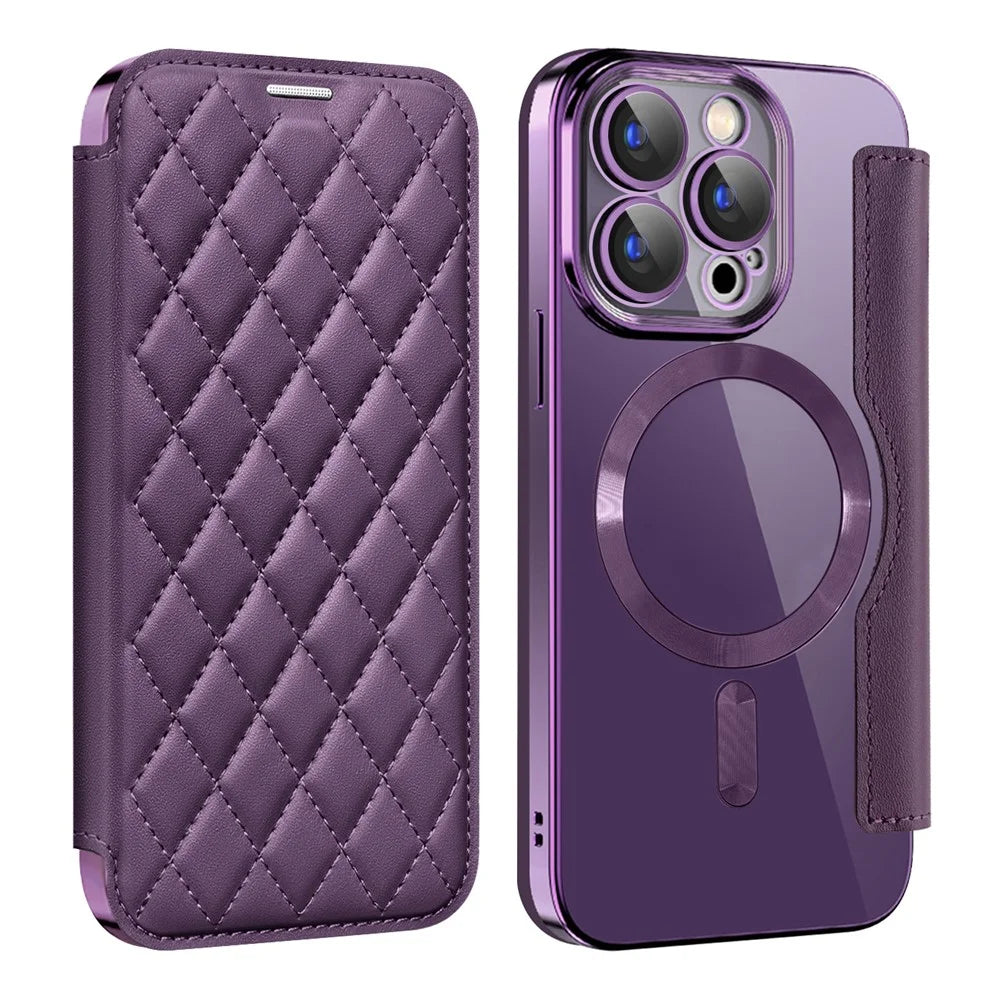 For iPhone 15 Pro Max RFID Blocking Card Holder Phone Case Built-in Lens Film Leather Shell Compatible with MagSafe - Purple - 1