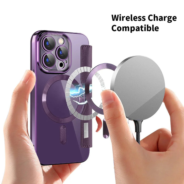 For iPhone 15 Pro Max RFID Blocking Card Holder Phone Case Built-in Lens Film Leather Shell Compatible with MagSafe - Purple - 4