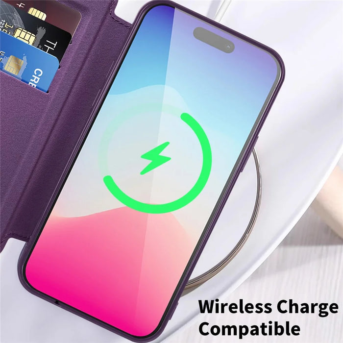 For iPhone 15 Pro Max RFID Blocking Card Holder Phone Case Built-in Lens Film Leather Shell Compatible with MagSafe - Purple - 5