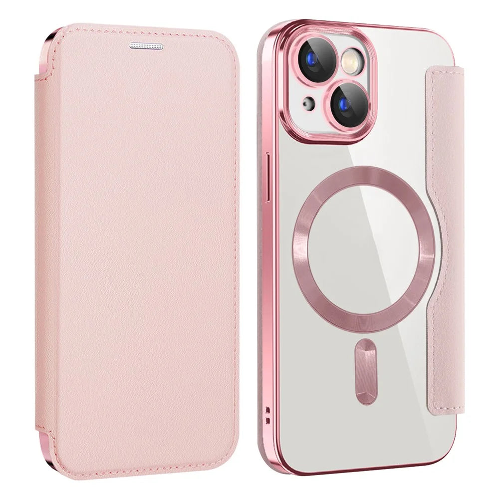Magnetic Case Compatible with MagSafe for iPhone 15 , RFID Blocking Card Holder PU Leather Electroplating Cover - Pink - 1