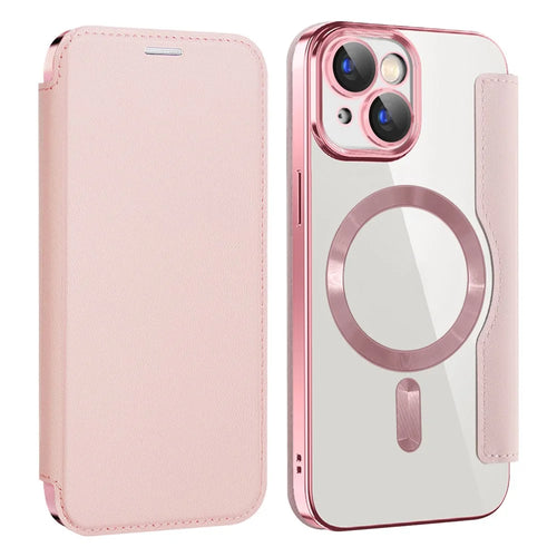 Magnetic Case Compatible with MagSafe for iPhone 15 , RFID Blocking Card Holder PU Leather Electroplating Cover - Pink - 1