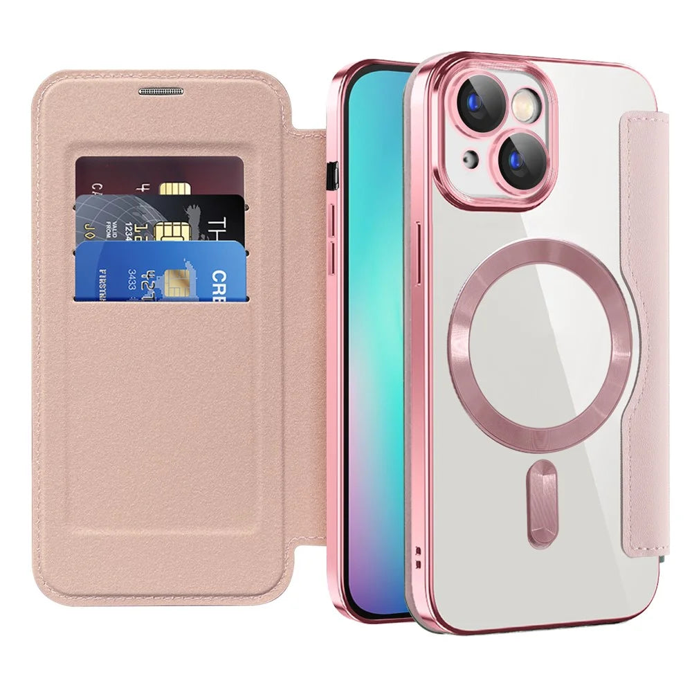 Magnetic Case Compatible with MagSafe for iPhone 15 , RFID Blocking Card Holder PU Leather Electroplating Cover - Pink - 2