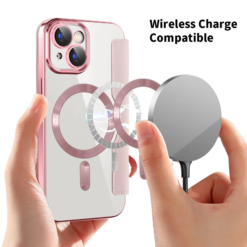 Magnetic Case Compatible with MagSafe for iPhone 15 , RFID Blocking Card Holder PU Leather Electroplating Cover - Pink - 4
