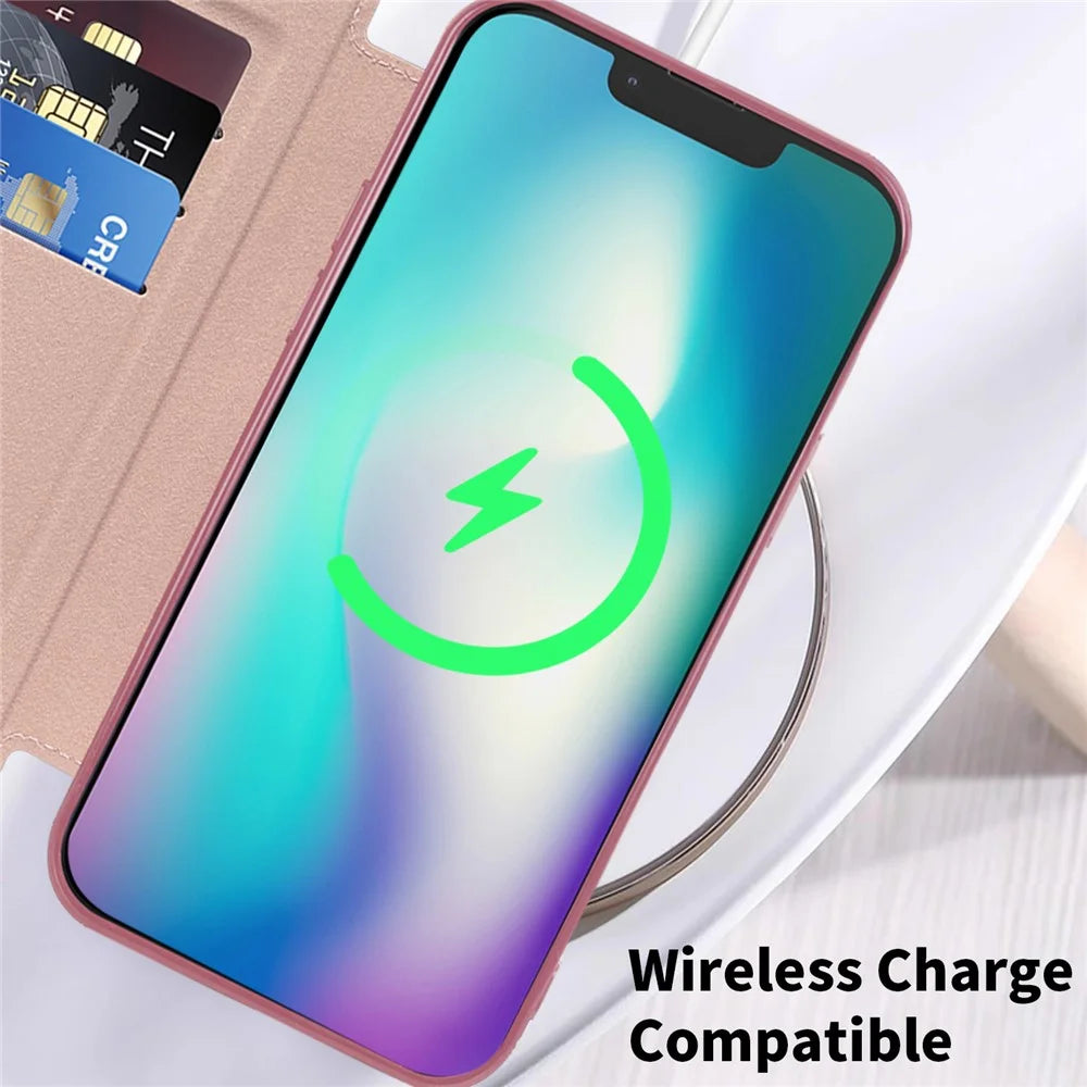 Magnetic Case Compatible with MagSafe for iPhone 15 , RFID Blocking Card Holder PU Leather Electroplating Cover - Pink - 5