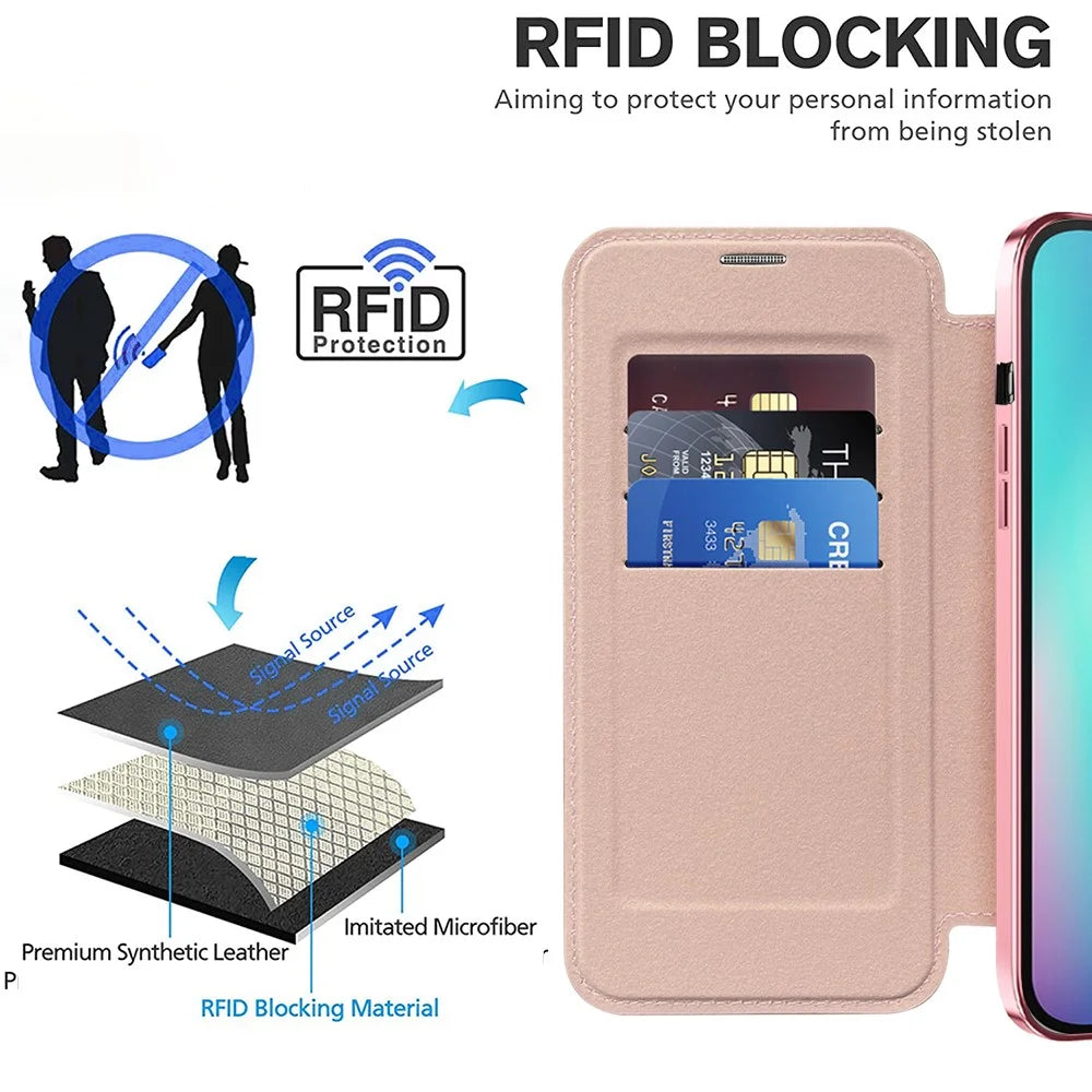 Magnetic Case Compatible with MagSafe for iPhone 15 , RFID Blocking Card Holder PU Leather Electroplating Cover - Pink - 6