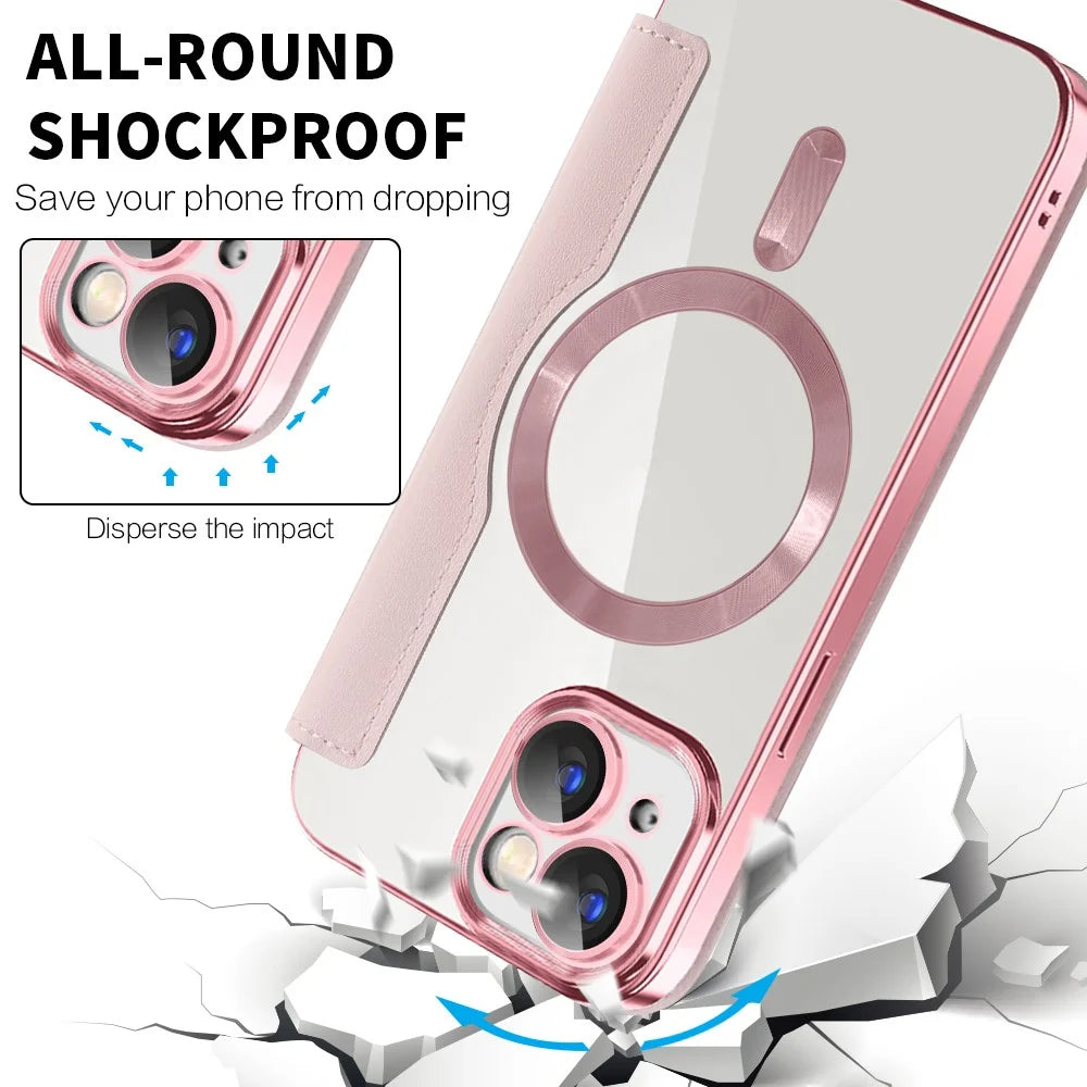 Magnetic Case Compatible with MagSafe for iPhone 15 , RFID Blocking Card Holder PU Leather Electroplating Cover - Pink - 7