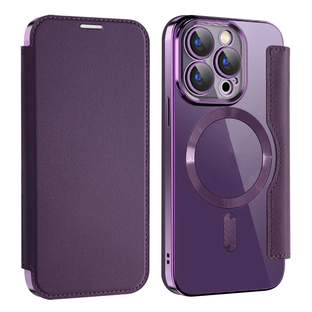 For iPhone 15 Pro Max Card Holder Phone Case RFID Blocking Electroplating Leather Cover Compatible with MagSafe - Purple - 1