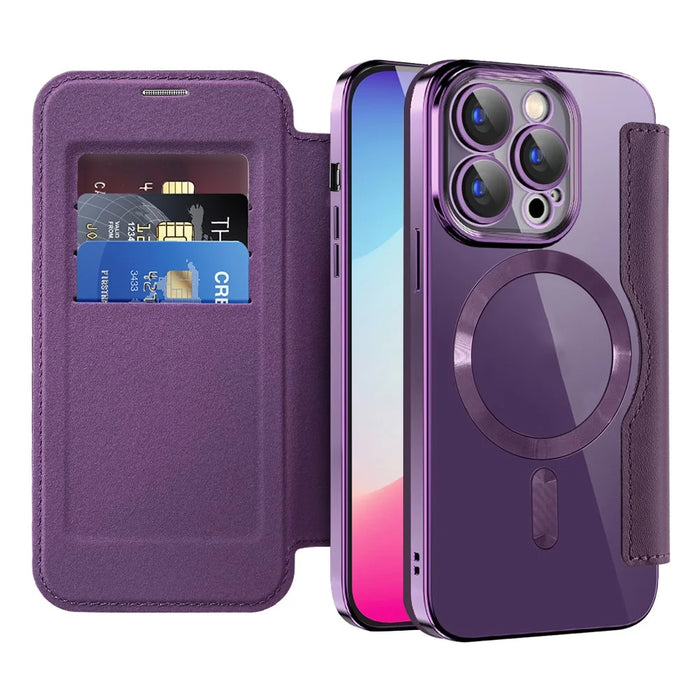 For iPhone 15 Pro Max Card Holder Phone Case RFID Blocking Electroplating Leather Cover Compatible with MagSafe - Purple - 2