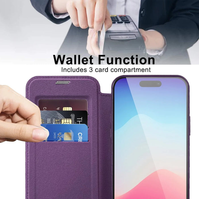 For iPhone 15 Pro Max Card Holder Phone Case RFID Blocking Electroplating Leather Cover Compatible with MagSafe - Purple - 3