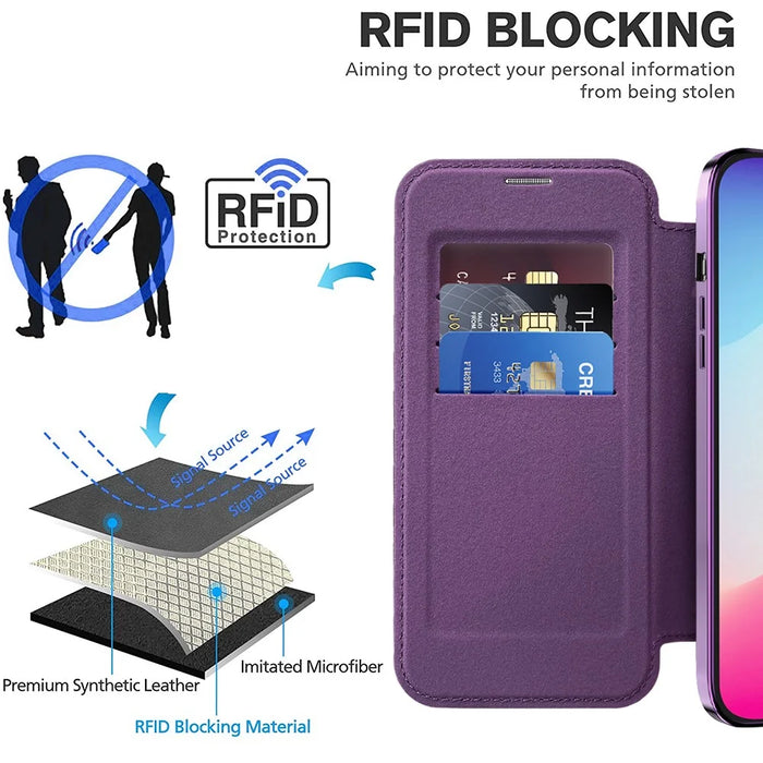 For iPhone 15 Pro Max Card Holder Phone Case RFID Blocking Electroplating Leather Cover Compatible with MagSafe - Purple - 6