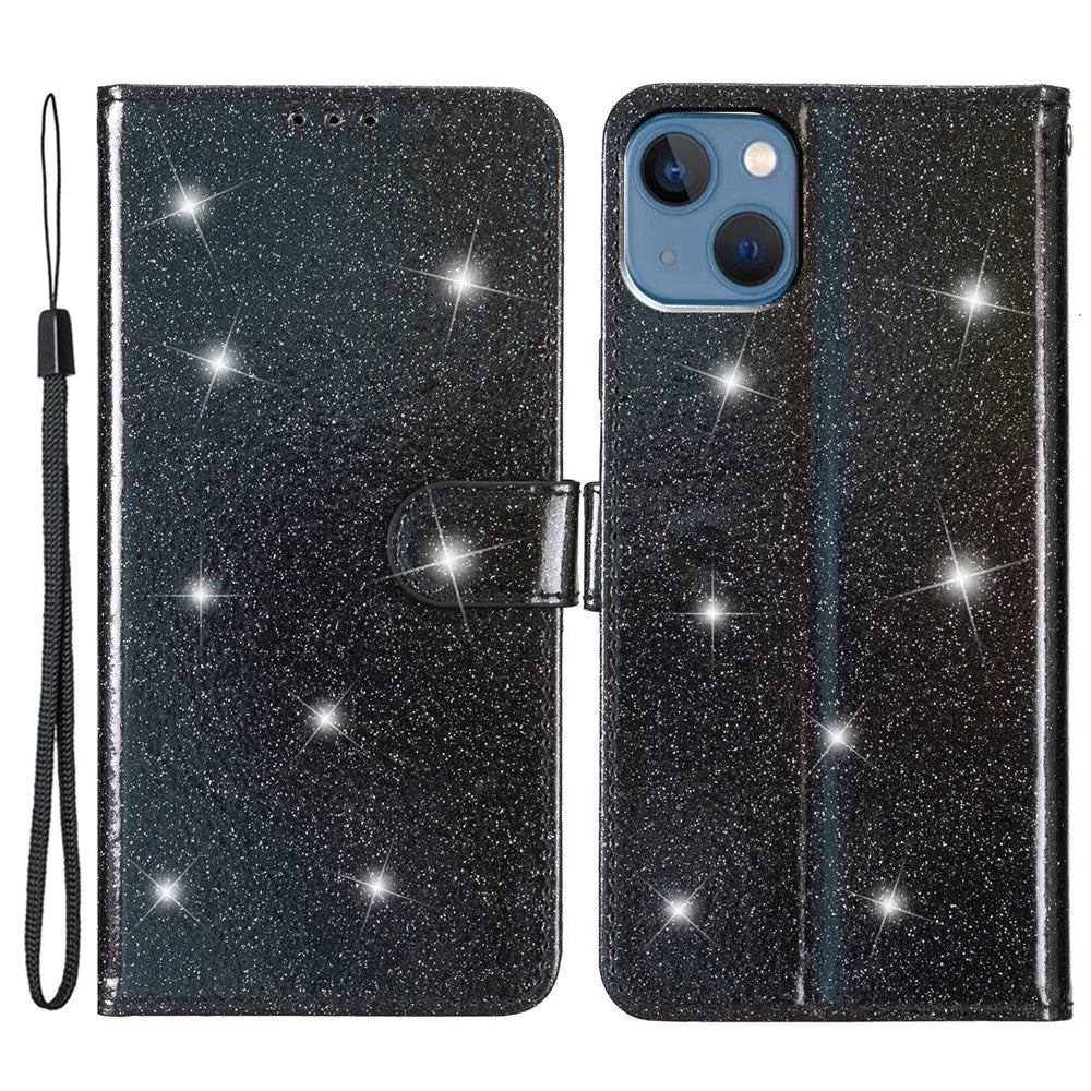 For iPhone 15 Plus Glittery PU Leather Wallet Case Stand Anti-scratch Phone Cover - Black - 1