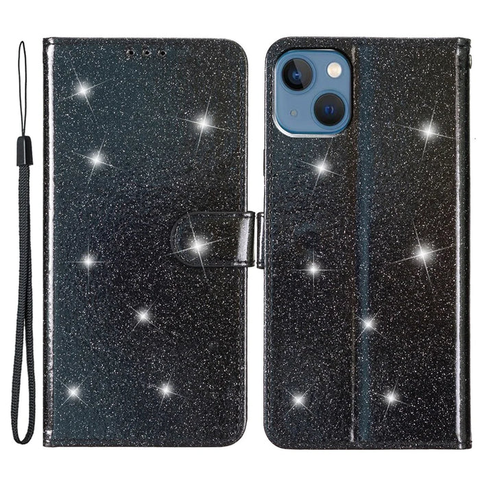 For iPhone 15 Plus Glittery PU Leather Wallet Case Stand Anti-scratch Phone Cover - Black - 1