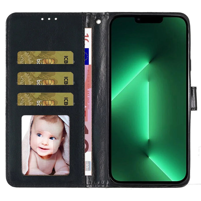 For iPhone 15 Plus Glittery PU Leather Wallet Case Stand Anti-scratch Phone Cover - Black - 2