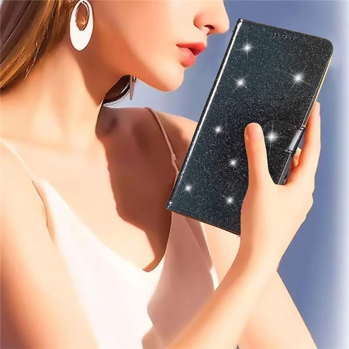For iPhone 15 Plus Glittery PU Leather Wallet Case Stand Anti-scratch Phone Cover - Black - 5