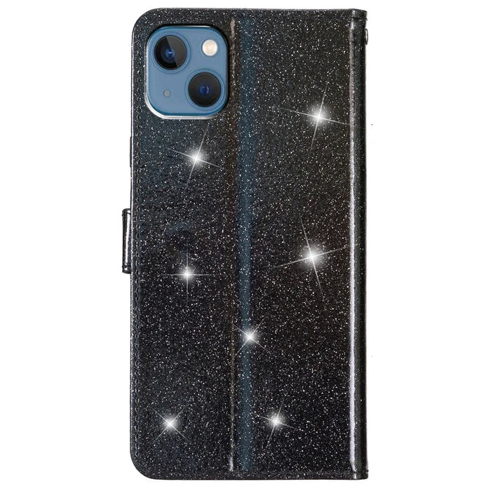 For iPhone 15 Plus Glittery PU Leather Wallet Case Stand Anti-scratch Phone Cover - Black - 7